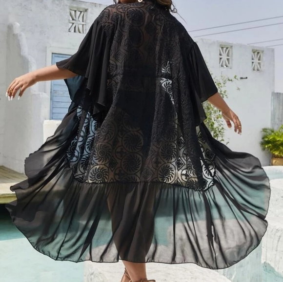 Plus Floral Embroidered Drawstring Waist Ruffle Trim Chiffon Kimono - Picture 3 of 3